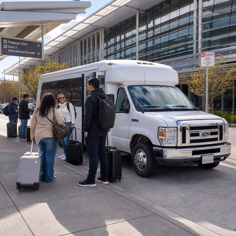 Black Mercedes Sprinter van staged for an Oakland Airport Transportation group