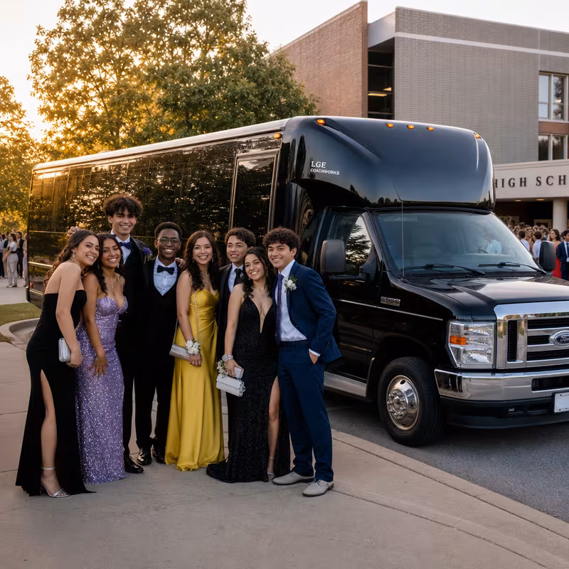 Group boarding a white charter bus for Prom & Homecoming Transportation transportation in Oakland