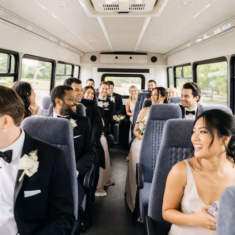 Group boarding a white charter bus for Wedding Transportation transportation in Oakland