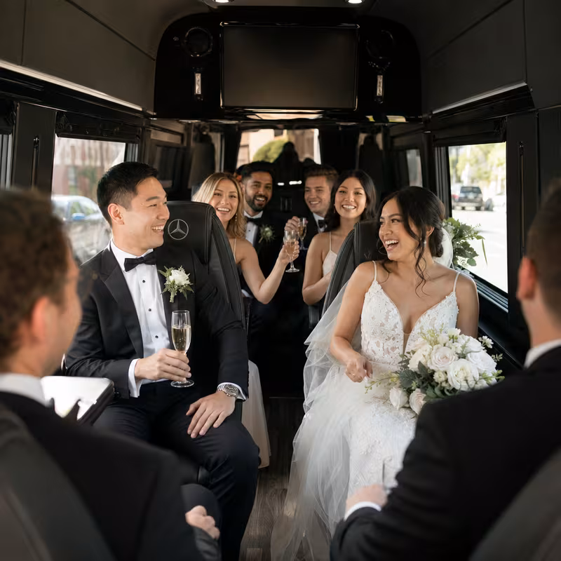 Black Mercedes Sprinter van staged for an Oakland Wedding Transportation group